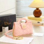 Dior Jolie Cannage Lambskin Leather Top Handle Hand Shoulder Bag Crossbody Strap Gold Pink with Free Perfume