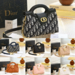 Dior Jolie Oblique Jacquard Canvas Lambskin Leather Top Handle Hand Shoulder Bag Crossbody Strap Gold Black with Free Perfume - Image 3