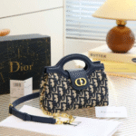 Dior Jolie Oblique Jacquard Canvas Lambskin Leather Top Handle Hand Shoulder Bag Crossbody Strap Gold Blue with Free Perfume
