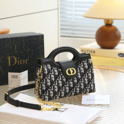 Dior Jolie Oblique Jacquard Canvas Lambskin Leather Top Handle Hand Shoulder Bag Crossbody Strap Gold Black with Free Perfume