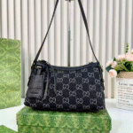 Gucci Denim Leather Monogram GG Signature Shoulder Hand Bag Black with Free Perfume