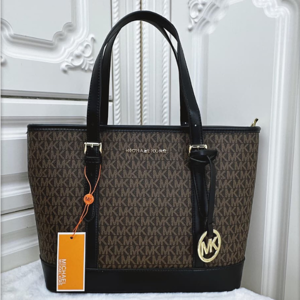 mm (10) Michael Kors Jet Set Travel Logo-Print Leather Canvas Tote Shoulder Hand Bag Gold Black Trim Brown with Free Perfume - Image 1