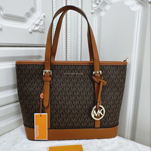 mm (11) Michael Kors Jet Set Travel Logo-Print Leather Canvas Tote Shoulder Hand Bag Gold Tan Trim Brown with Free Perfume - Image 1
