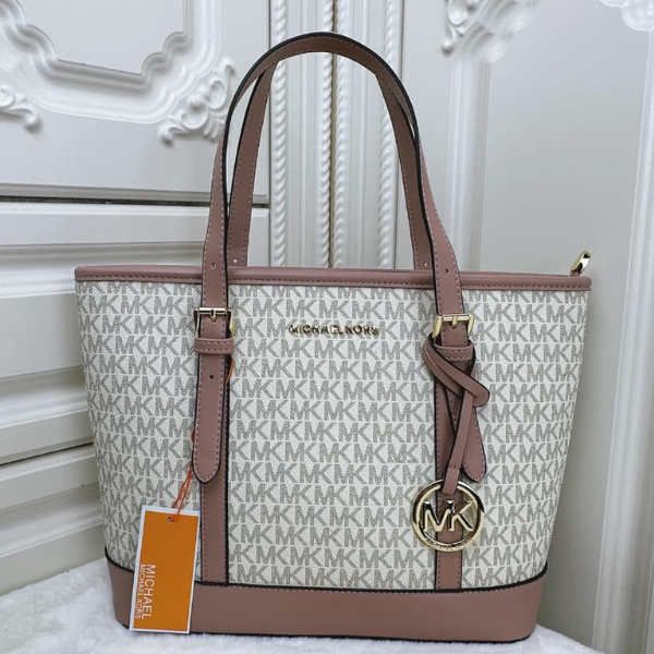 mm (12) Michael Kors Jet Set Travel Logo-Print Leather Canvas Tote Shoulder Hand Bag Gold Mauve Trim White with Free Perfume - Image 1
