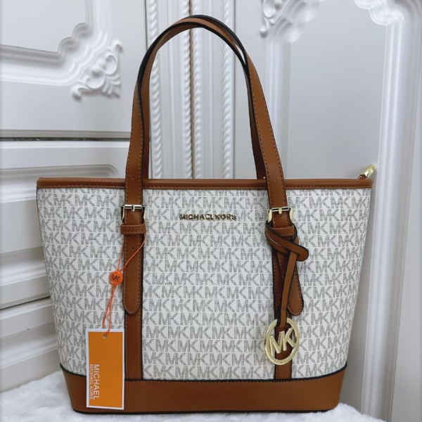 mm (13) Michael Kors Jet Set Travel Logo-Print Leather Canvas Tote Shoulder Hand Bag Gold Tan Trim White with Free Perfume - Image 1