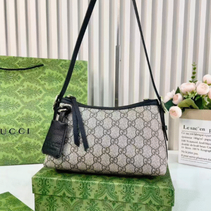 Gucci Emblem Monogram GG Signature Leather Shoulder Hand Bag Black Beige with Free Perfume