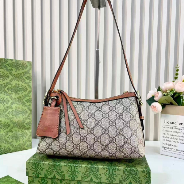mm (4) Gucci Emblem Monogram GG Signature Leather Shoulder Hand Bag Tan Beige with Free Perfume - Image 1