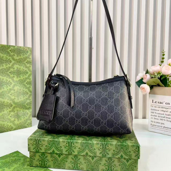 mm (5) Gucci Emblem Monogram GG Signature Leather Shoulder Hand Bag Black with Free Perfume - Image 1