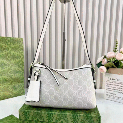 Gucci Emblem Monogram GG Signature Leather Shoulder Hand Bag White with Free Perfume