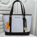 Michael Kors Jet Set Travel Logo-Print Leather Canvas Tote Shoulder Hand Bag Gold Black Trim White with Free Perfume