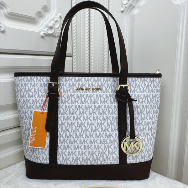 mm (8) Michael Kors Jet Set Travel Logo-Print Leather Canvas Tote Shoulder Hand Bag Gold Black Trim White with Free Perfume - Image 1