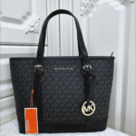 Michael Kors Jet Set Travel Logo-Print Leather Canvas Tote Shoulder Hand Bag Gold Black with Free Perfume